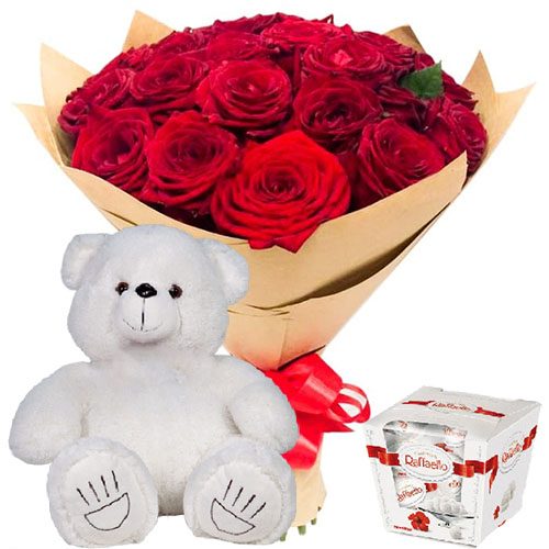 Фото товара 25 роз, "Raffaello" и мишка в Днепре