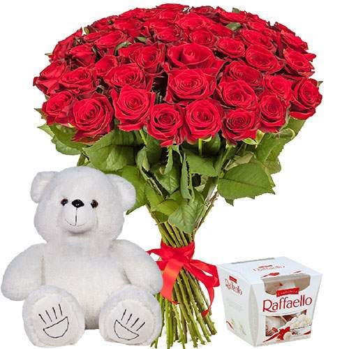 Фото товара 51 роза, мишка и "Raffaello" в Днепре