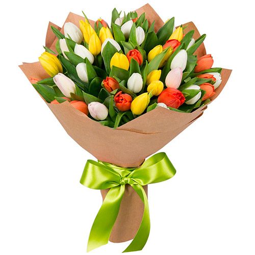 Фото товара 35 тюльпанів (червоний, білий, жовтий) у крафт в Днепре